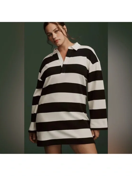 Anthropologie DOLAN Long-Sleeve Rugby Mini Dress Black White XSP - Picture 4 of 12